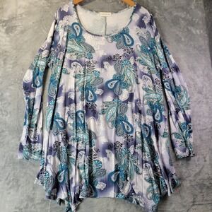 Larace Women 3X Blue Paisley Sharkbite Hem Tunic Top Boho Flowy Stretchy
